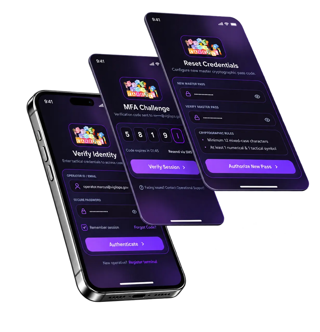 CareTransit identity verification and credentials screens